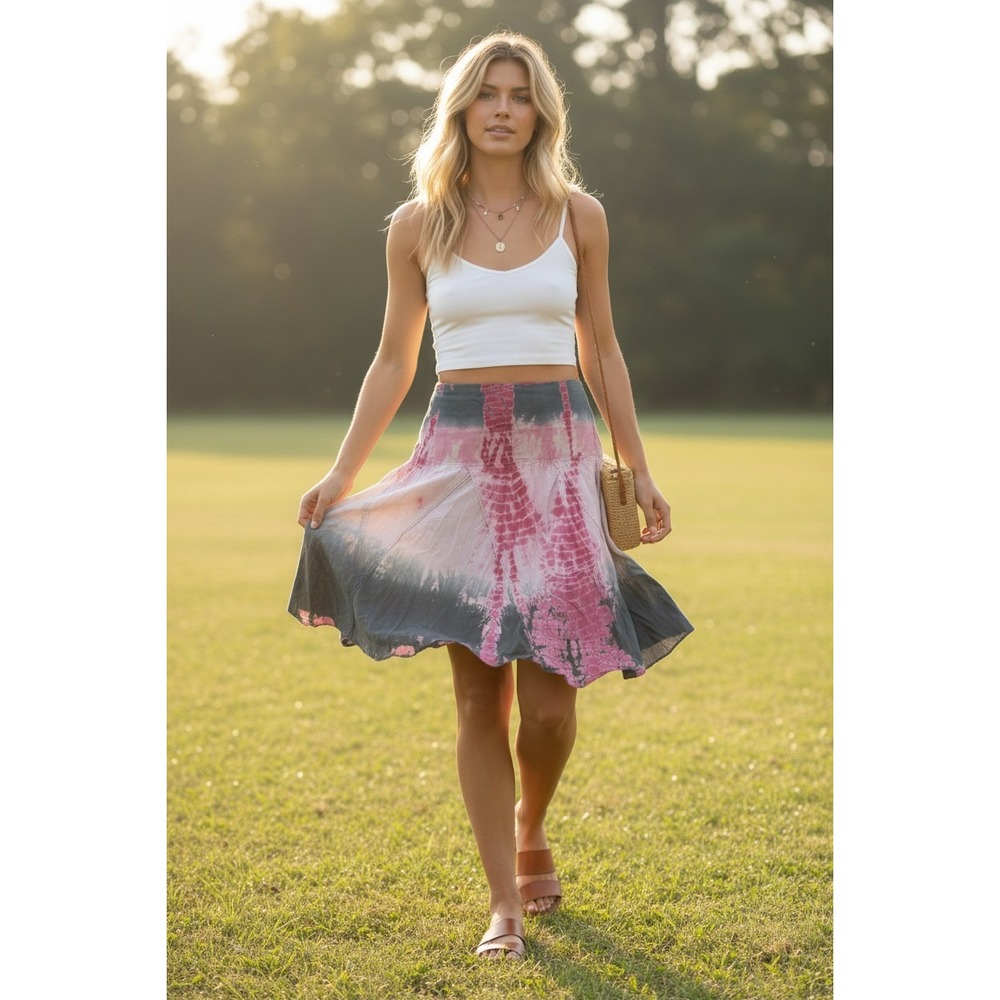 Y2K Tie Dye Mini‎ Skirt XS Pink Gray Boho Festival Indie Flowy Asymmetrical